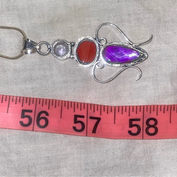 Red Coral + Biwa Pearl + Rainbow Mystic Topaz handcrafted pendant - Picture 6 of 9